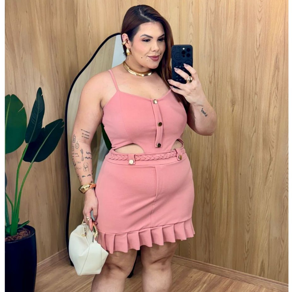 Conjunto Macaquinho Feminino Plus Size Short Saia Macacão Curve