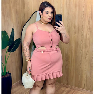 Macaquinho Feminino Plus Size Short Saia Macacão de Alça Curve Elegante Casual