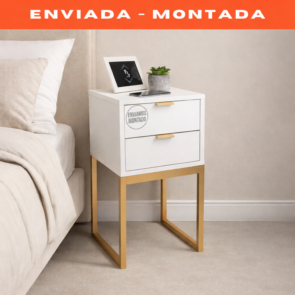 Mesa De Cabeceira Branca Eco Industrial 30cm 2 Gavetas Base Metal Quarto Lateral Cama (Montada)