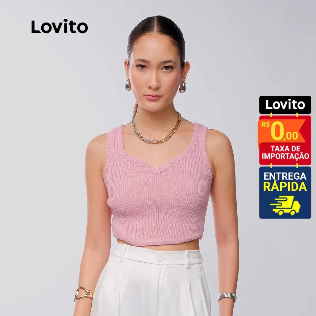 Lovito Regata Tricot Decote Sem Manga Moda Feminina KTB997BRL1027