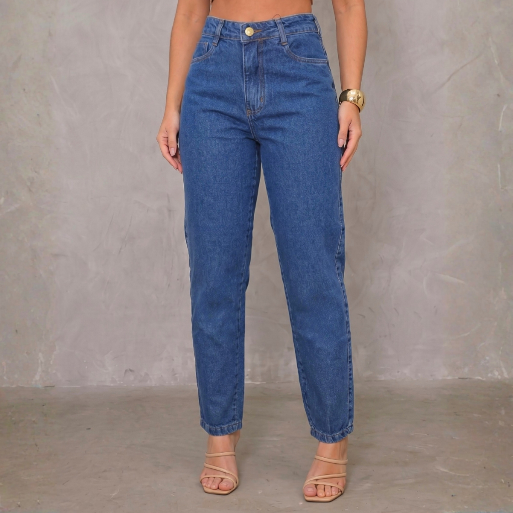 Calça Jeans Mom Feminina Cintura Alta 100% Algodão Azul Escura Encorpada Tecido Premium em Oferta na Shopee