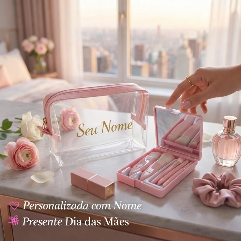 Nécessaire Personalizada com Nome + Kit 5 Pincéis com Espelho | Presente  Feminino Elegante