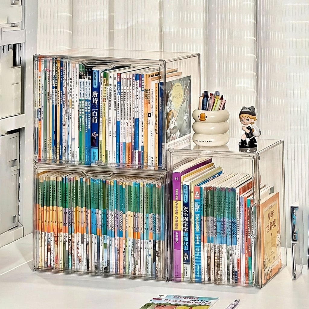 Caixa Organizadora Acrílica Transparente para Livros, Cadernos B5 e Discos CD - Grande com Tampa de Exibição