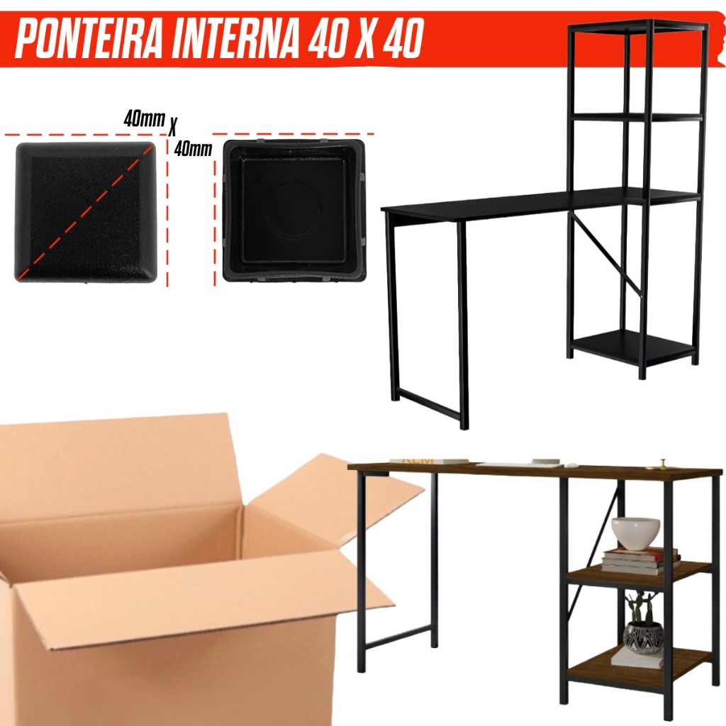 KIT 20/40/80/100/120 Ponteira Quadrado Interno Preto de Plástico para Pés de Mesa e Estruturas