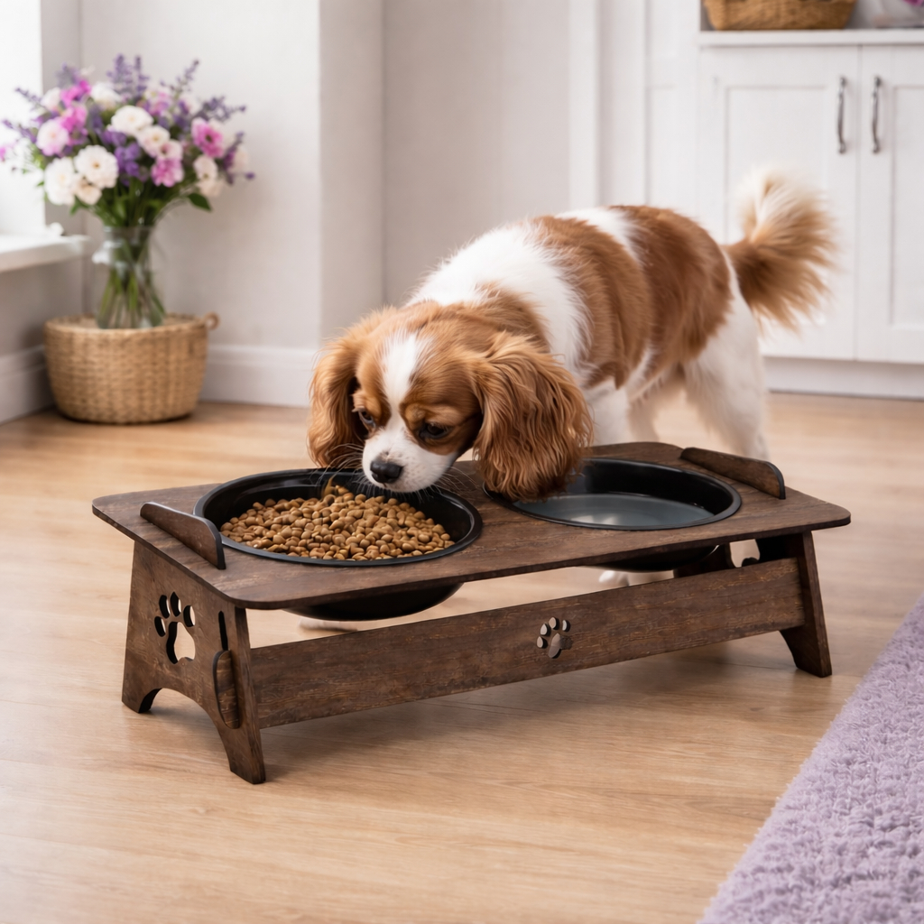 Comedouro Pet MDF Elevado com 1 Tigela ou 2 Tigelas Ração Água Base Estável Resistente