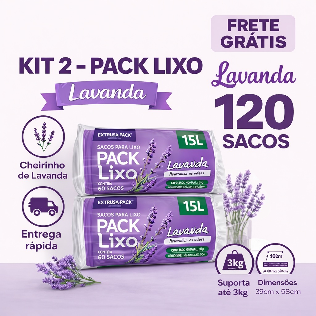 Kit 2 Pacotes Saco de Lixo Perfumado Anti Odor Lavanda 15 Litros - 120un