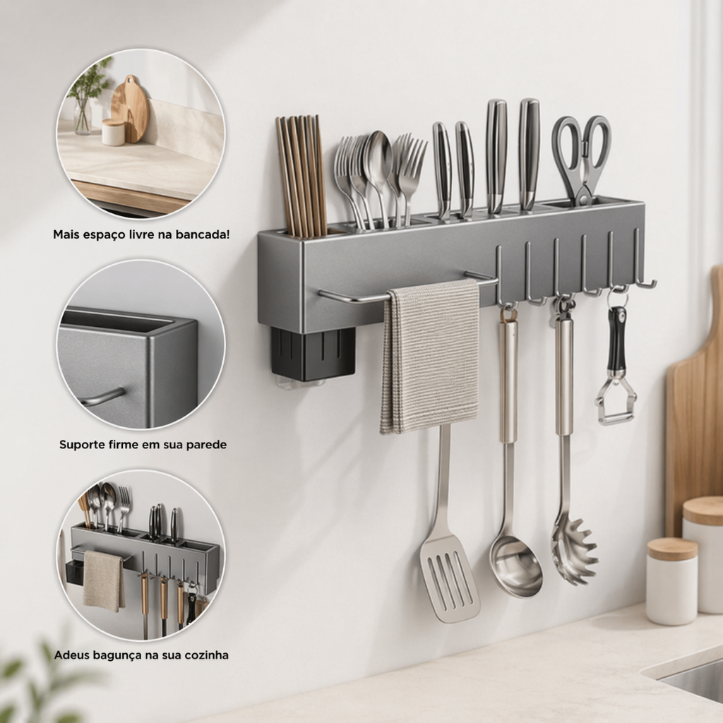 Suporte De Utensílios Cozinha Com Ganchos Aço Inox Organizador De Parede Achadinhos