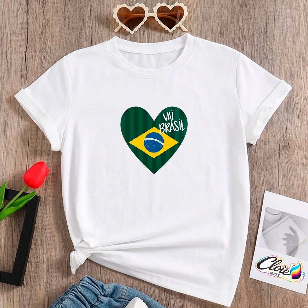 Camiseta Infantil 100% Algodão Brasileira Copa do Mundo Jogos Passeios Eventos Coração Bandeira Branca Camisa Torcida.