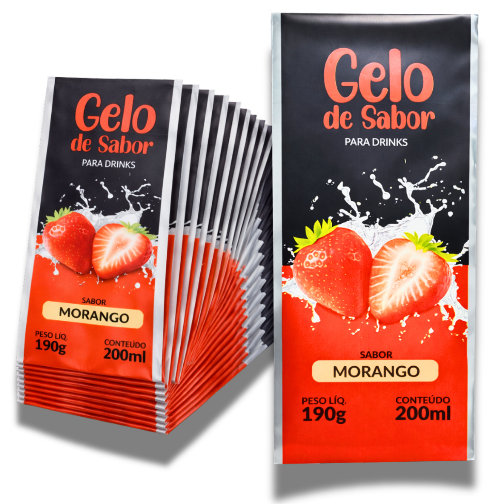Embalagem para Gelo Sabor Morango 250 Unidades Gelo Saborizado BOPP Metalizado 200ml