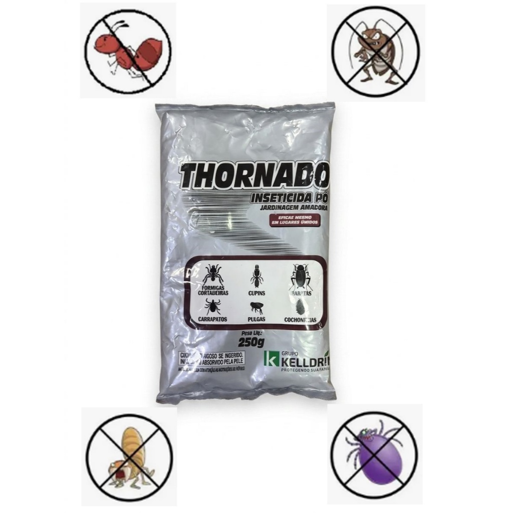 Inseticida Pó Mata Carrapatos, Pulgas,  Baratas, Formigas, Cupins  250g Thornado Fipronil