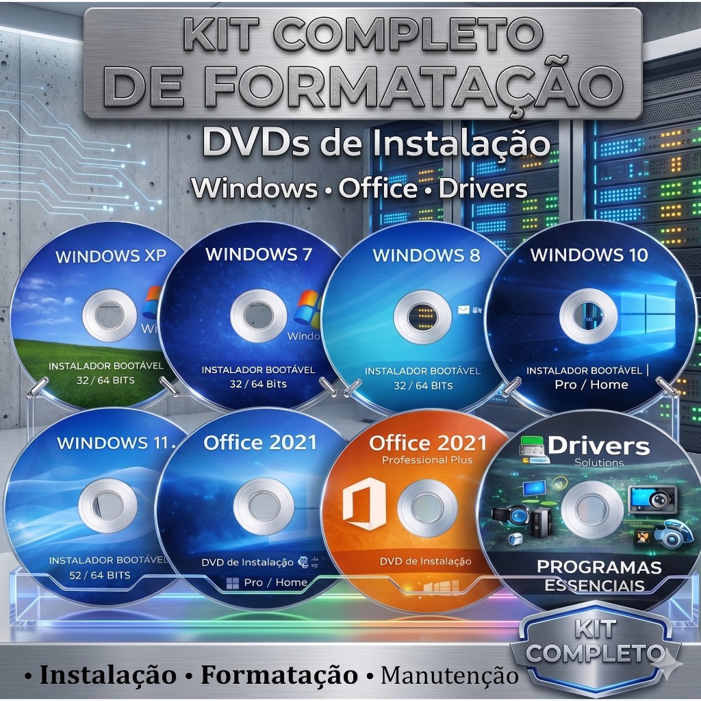DVDs Windows 11 10 8 7 XP | Pacote Office | Drivers + Programas Essenciais | Formatação