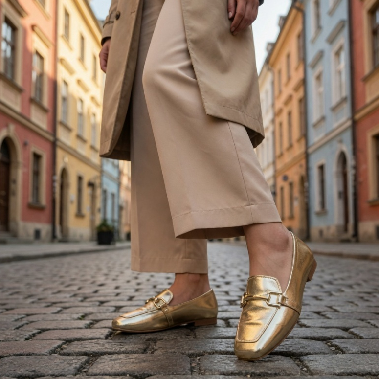 Detalhes do Mocassim Feminino Bico Quadrado Confortavel Enfeite ABS Dourado Calçado Sapatilha Moda Casual