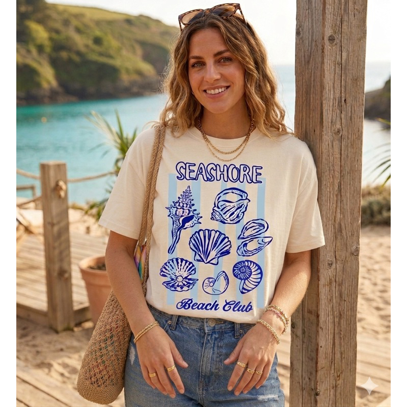 Camiseta Blusa T-shirt Feminina com Estampa Concha  mar