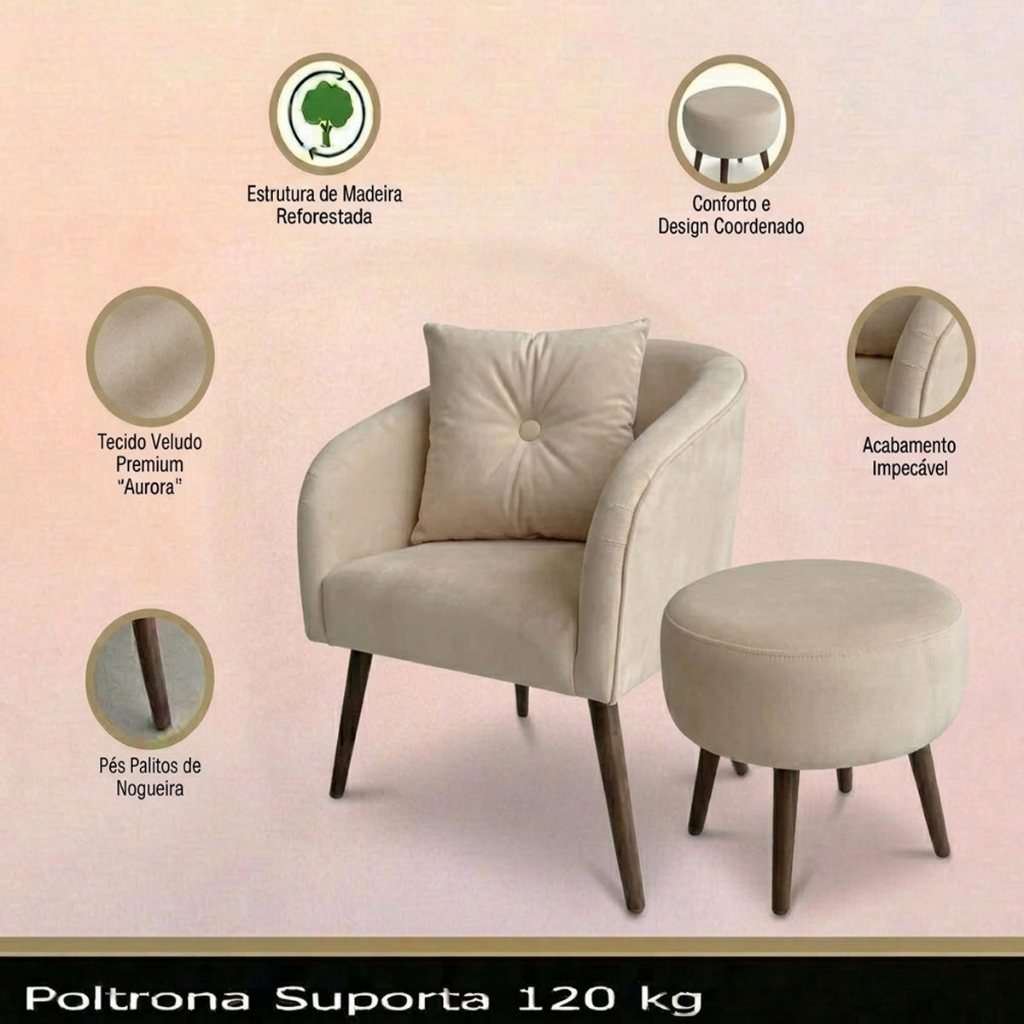 Poltrona Pé Palito Pés Palito Cadeira e Puff Decorativa Para Quarto Escritório Reforçada Luana