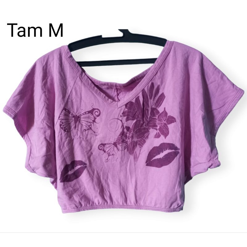 Cropped roxo de borboleta bazar estampado blusa feminina brechó fofo