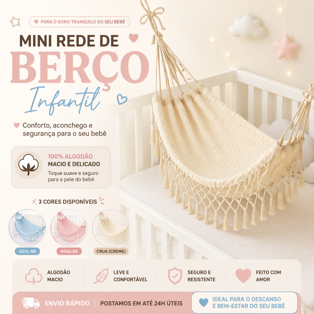 Rede De Berço Para Bebê 100% Algodão Antialérgica Macia Reforçada