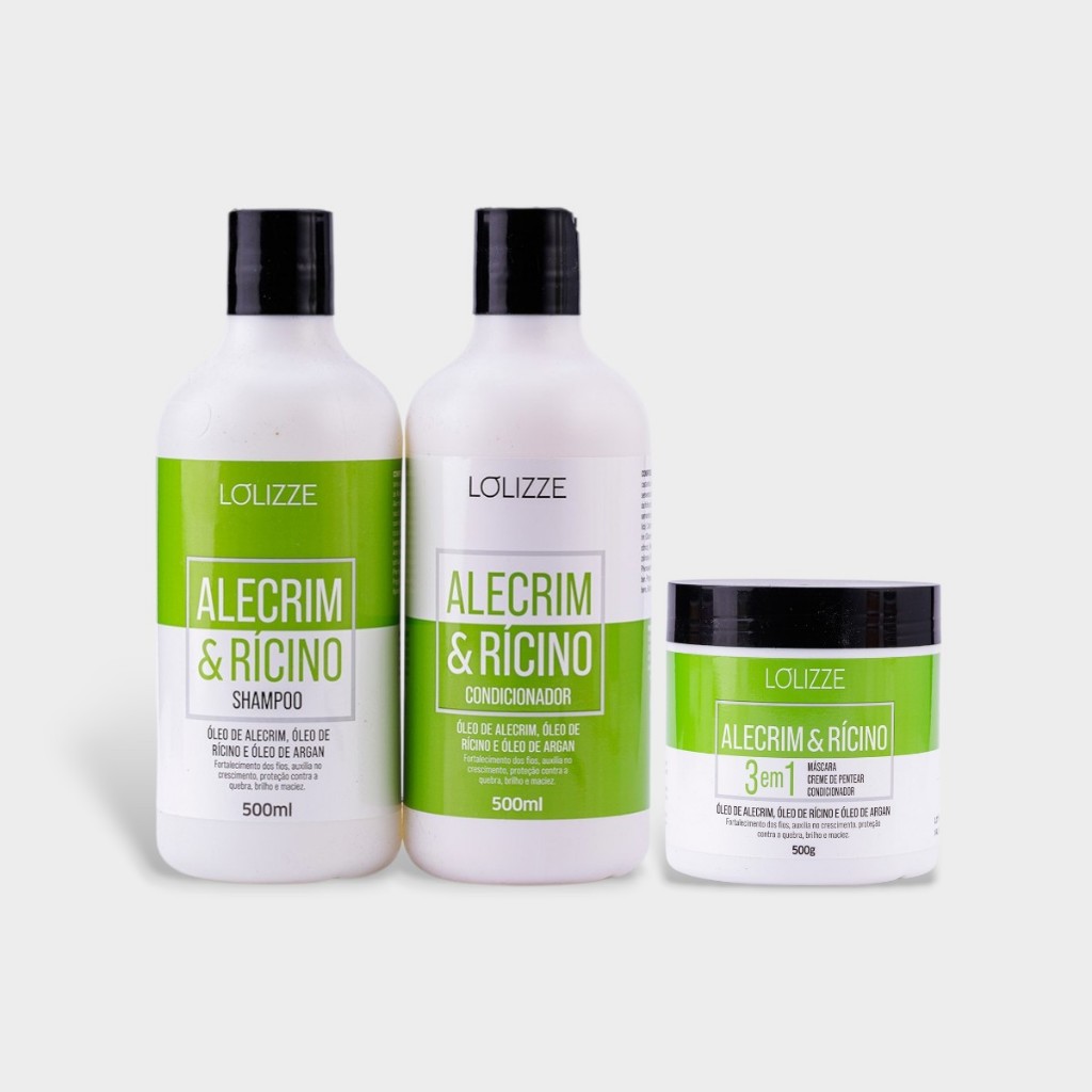 Kit Shampoo + Condicionador + Máscara 500ml/Alecrim e Rícino Antiqueda e Fortalecimento Dos Fios – Lolizze