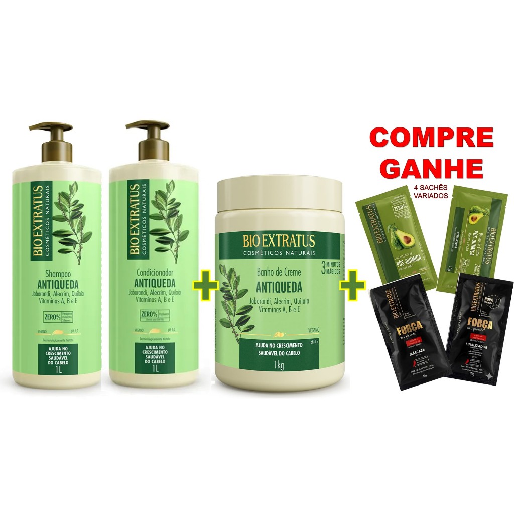 KIT JABORANDI ANTIQUEDA BIO EXTRATUS: SH 1L+COND 1L+BANHO 1KG + 🎁BRINDE 4 SACHÊS VARIADOS🎁