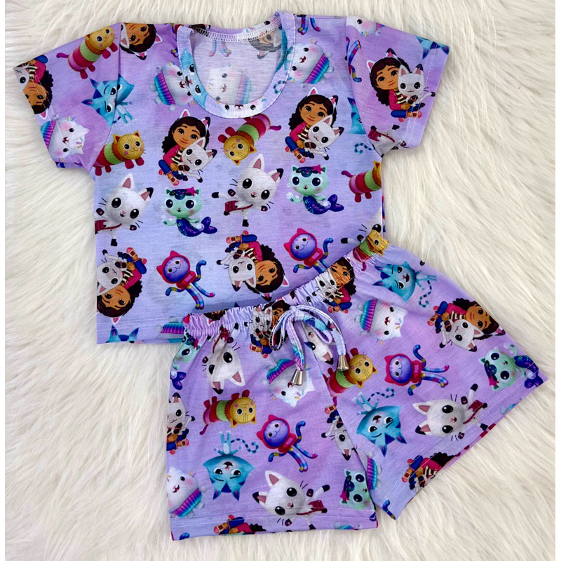 Conjunto Infantil Cropped Manga Curta + Short Estampado Casual Festa Menina CDG