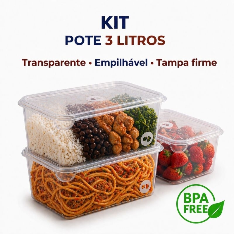 Kit Potes Transparentes com Tampa 3 Litros Organizador Geladeira Marmita Legumes Salada Carne Cozinha Freezer Microondas