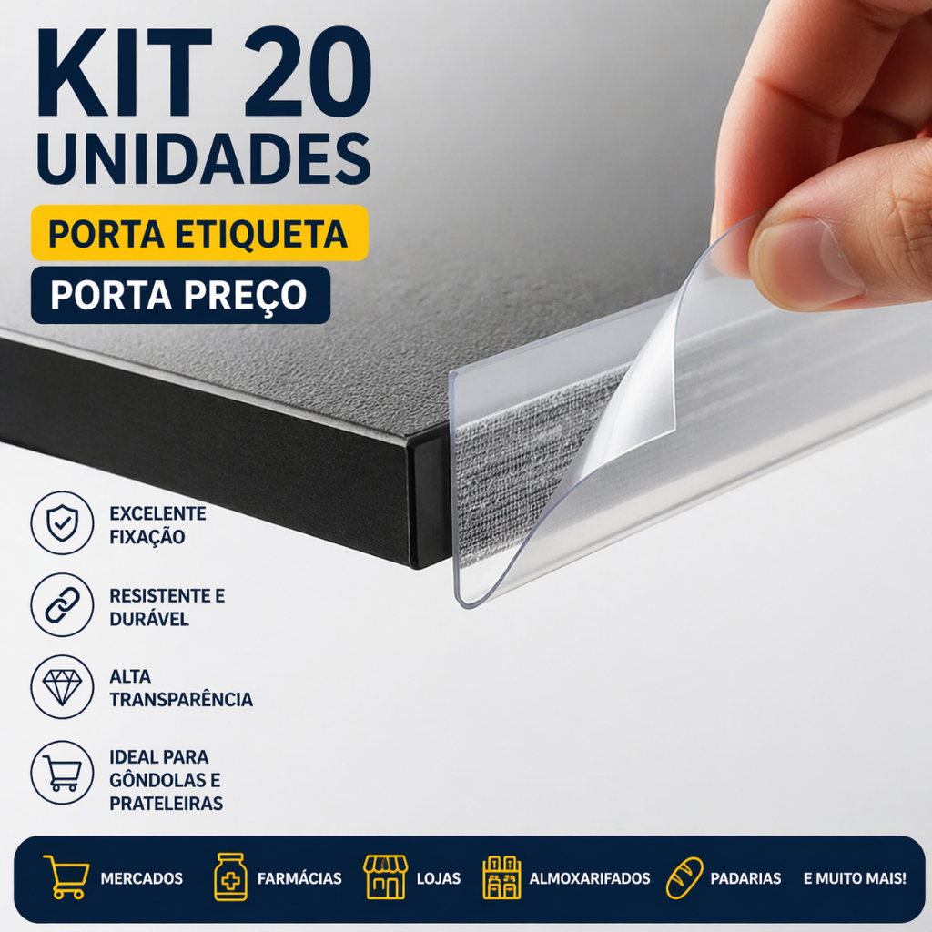 Kit 20 Porta Etiqueta Preço Gondola Prateleira Loja Mercado Regua Expositor Preço Organizador