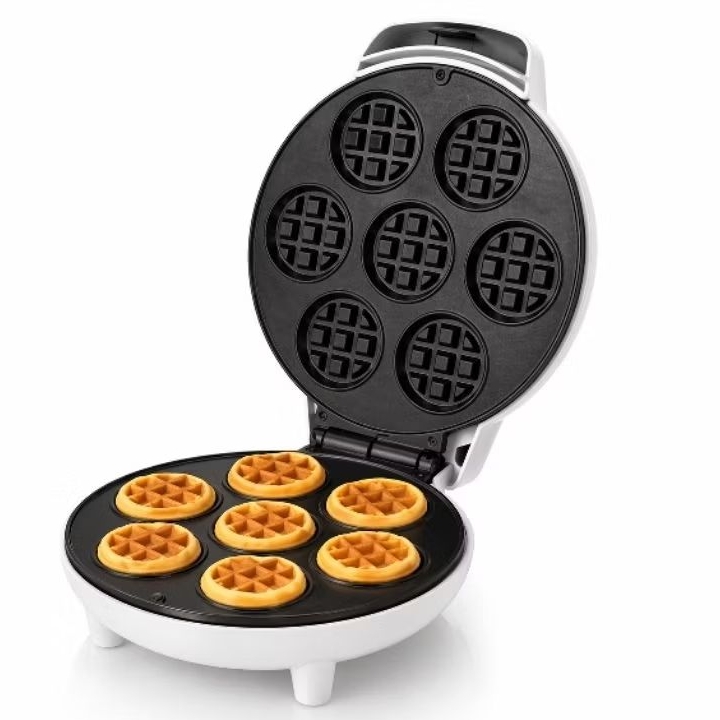 Máquina de Waffle Elétrica 220 Volts Antiaderente 7 Mini Waffles Redonda 26cm Branca/Preta Rápida e Prática Waffle Maker