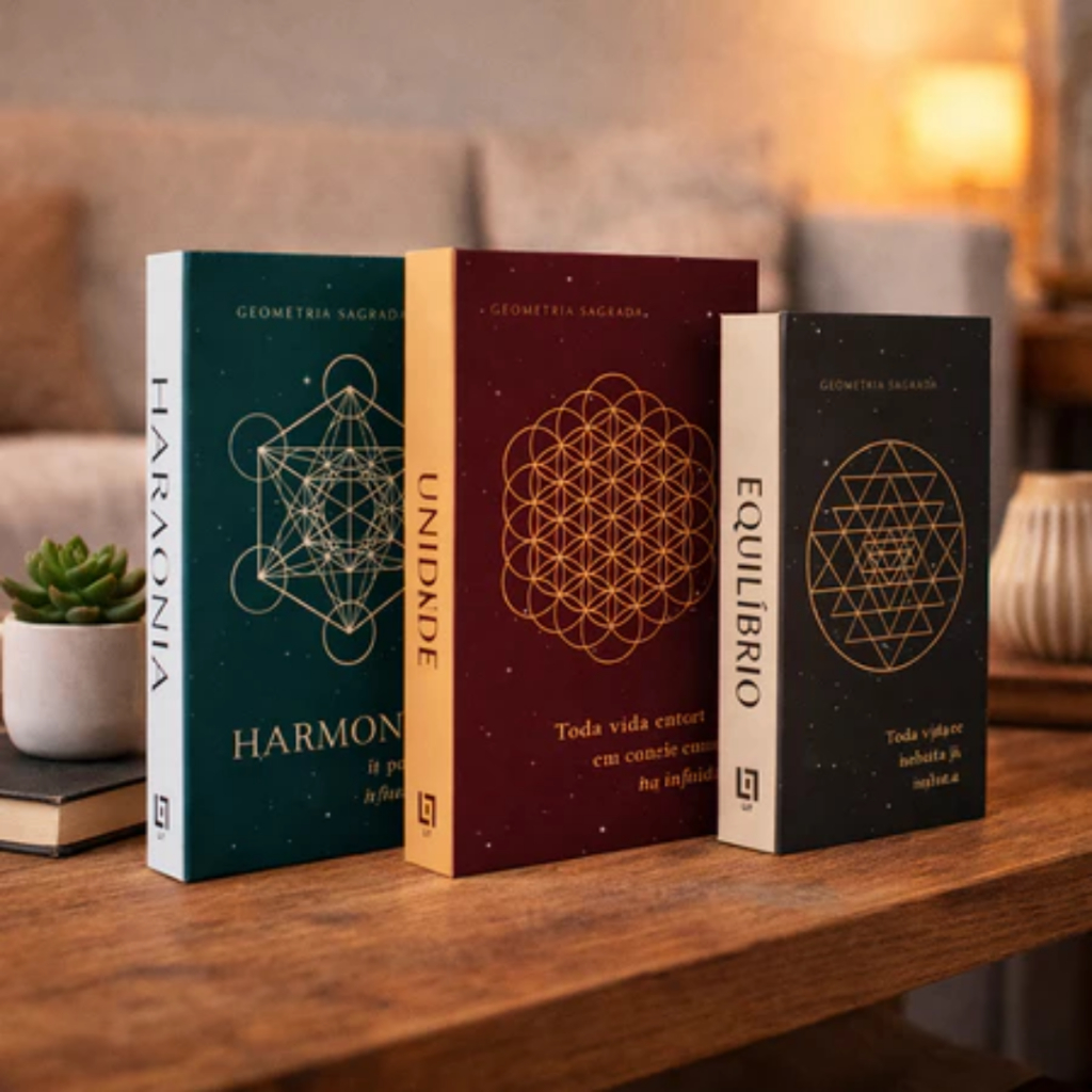 Kit Com 3 Falso Livro Decorativo Geometria Sagrada Harmonia Unidade Equilíbrio Decoração Luxo Organizadores Porta Objeto