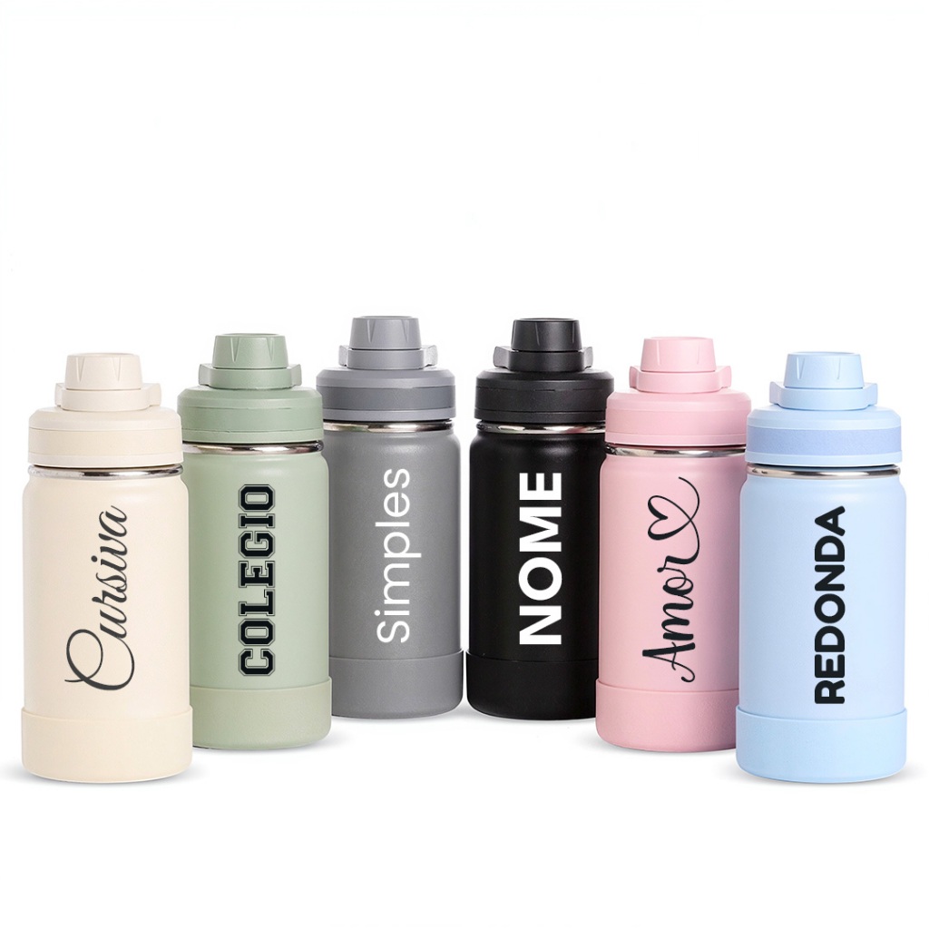 Garrafa Térmica 350ml Personalizada NOME – Base Silicone Colorida Squeeze Escola Academia Mini Unissex