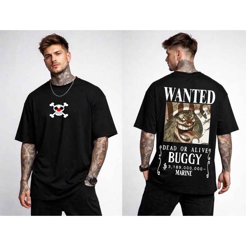 Camiseta Masculina Anime one piece buggy o palhaço Wanted Buggy Estampa Costas Grande Preta Streetwear