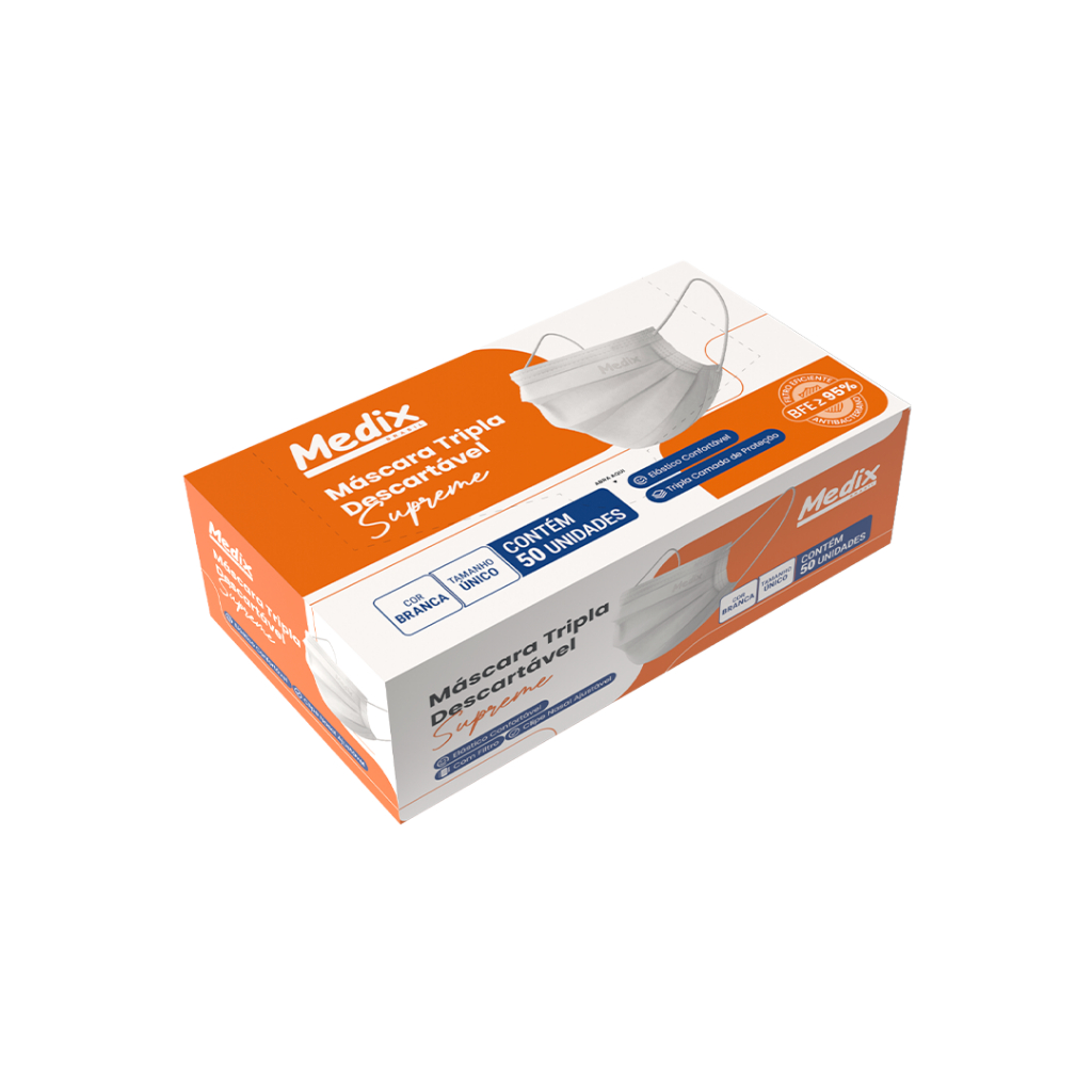 Máscara Tripla Descartável Medix Brasil Branca 50un - Com Filtro BFE 95% e Clipe Nasal