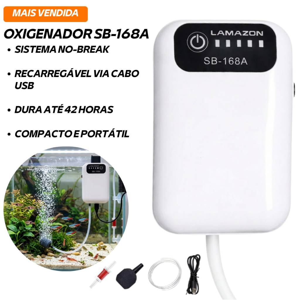 Bomba de Oxigenio Oxigenador Recarregável Nobreak Camarão Vivo Aerador Aquario Pesca Compressor Ar