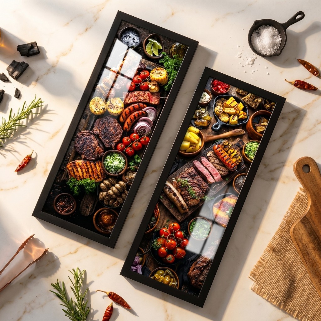 Kit 2 Quadros Decorativos 18x45 cm Churrasco Brasileiro Área Gourmet Moldura Vidro Varanda BBQ
