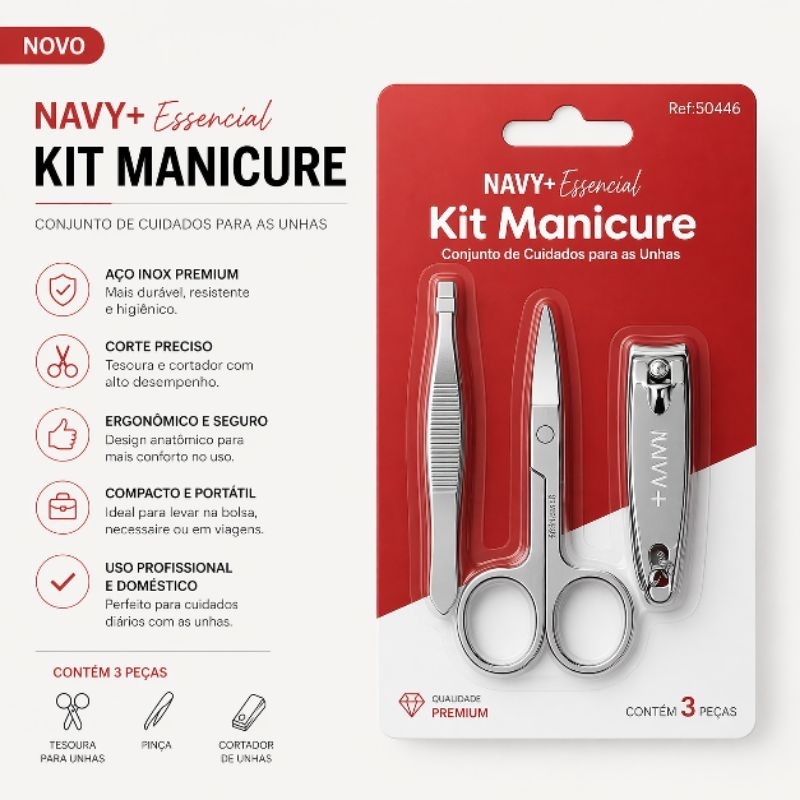 Kit Manicure 3 Peças Aço Inox Profissional Completo Tesoura Pinça e Cortador de Unhas Portátil