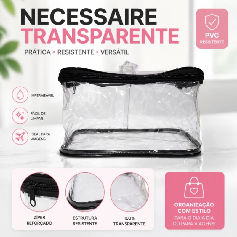 Necessaire Transparente PVC Impermeável 23cm Estojo Organizador Viagem Maquiagem Remédios Zíper Reforçado