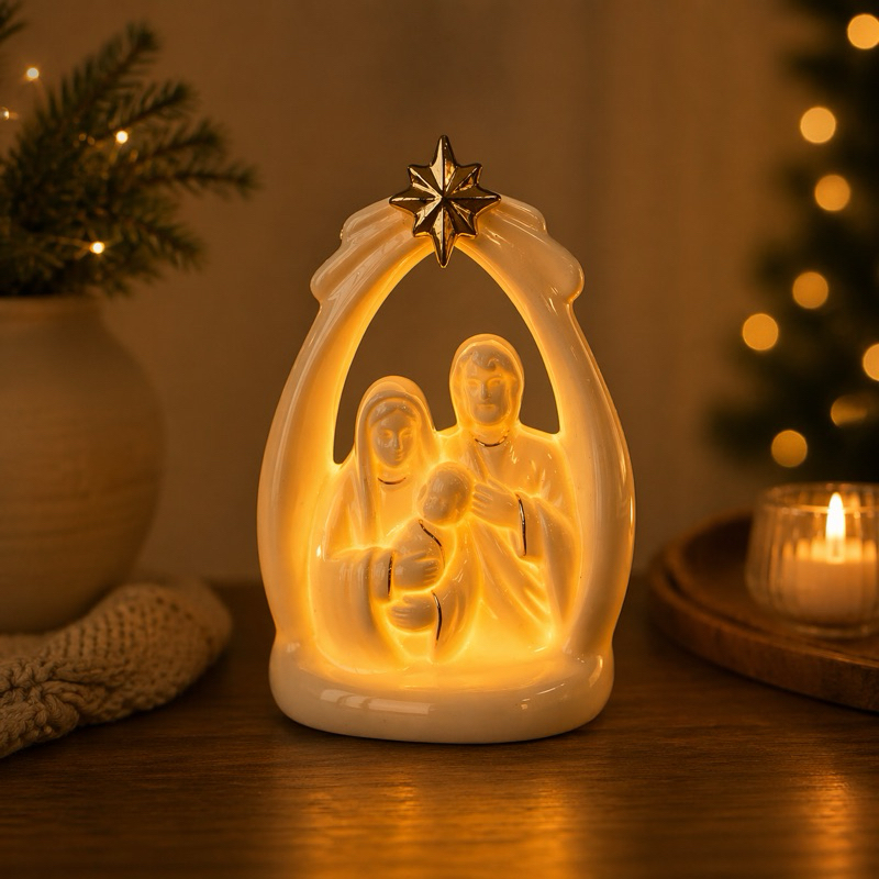 Luminária em Porcelana Sagrada Família 13 cm Led Bivolt Importada