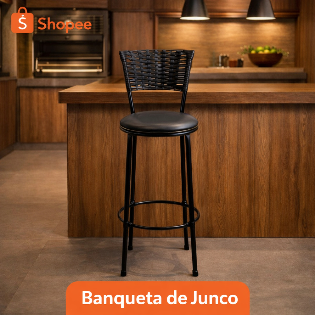 Banqueta Alta Estilo Industrial com Encosto Junco Preto – Aço Preto 70cm | Suporta 120kg