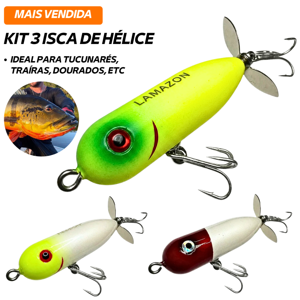 Isca Artificial Superficie Helice 9cm Pesca Kit 3 Garateia Tucunare Açu Traira Torpedo Pescaria