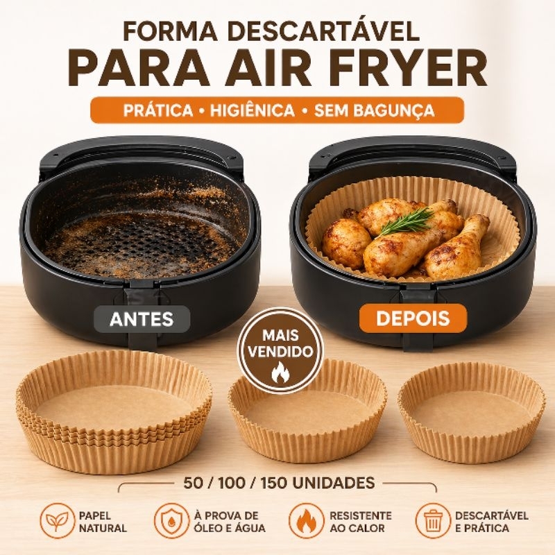 Papel Air Fryer Descartável Antiaderente – Não Suja | Forma Air Fryer 50 100 150 Unidades