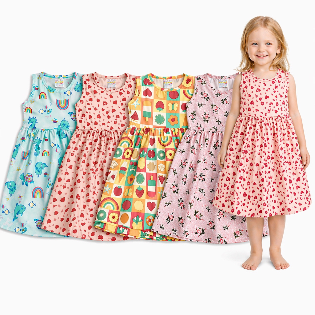 Kit 3 Vestidos Regata Infantis Menina Algodão com Elastano Estampas Sortidas Conforto | 1 a 10 anos | REF 2425
