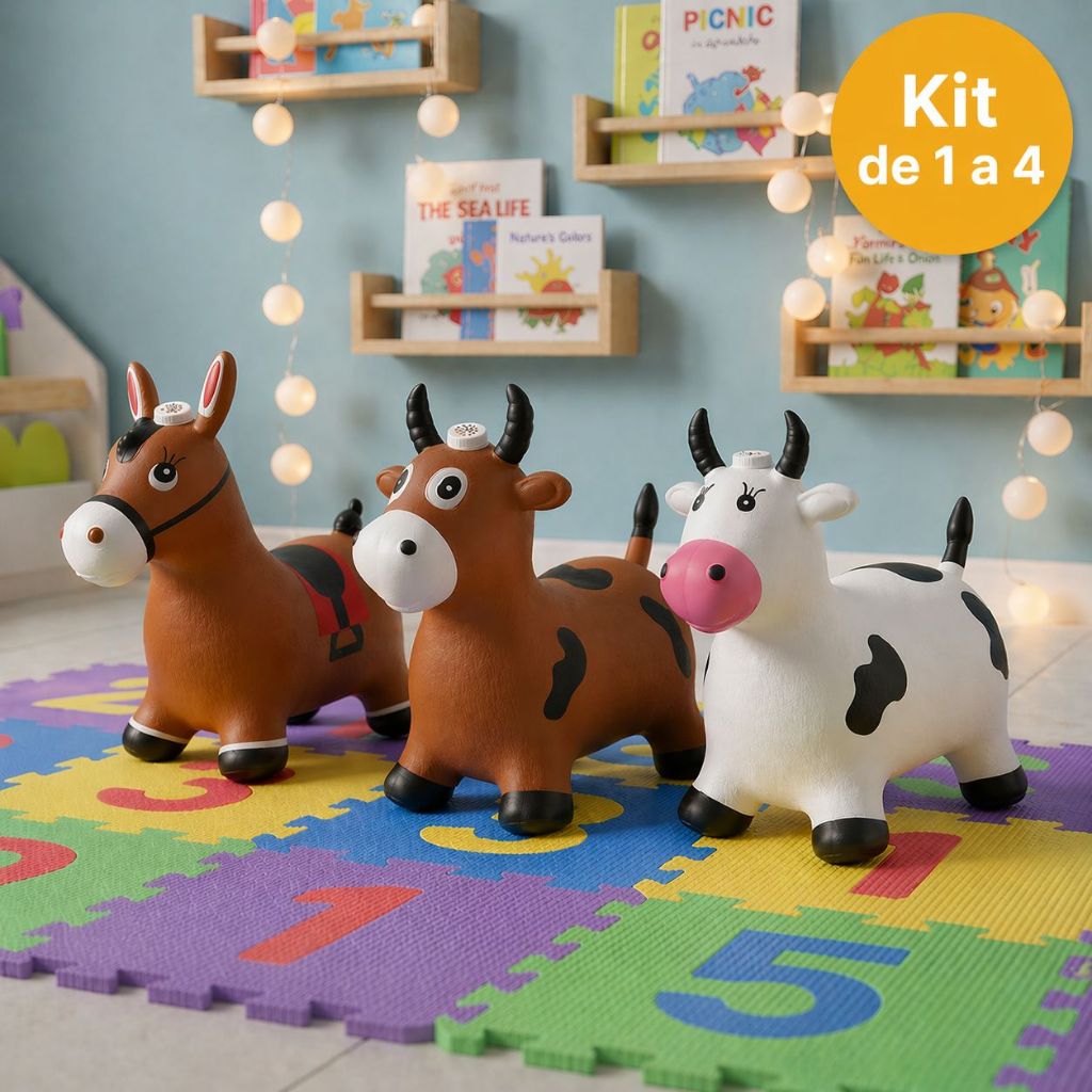Kit 1 a 4 Cavalinhos Upa Upa Infantil Pocotó com Som / Pula Pula Inflável Com Luz e Som Vaquinha Girafa e Burrinho