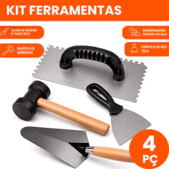 Kit ferramenta colher de pedreiro + Desempenadeira + Martelo borracha + espátula de aço