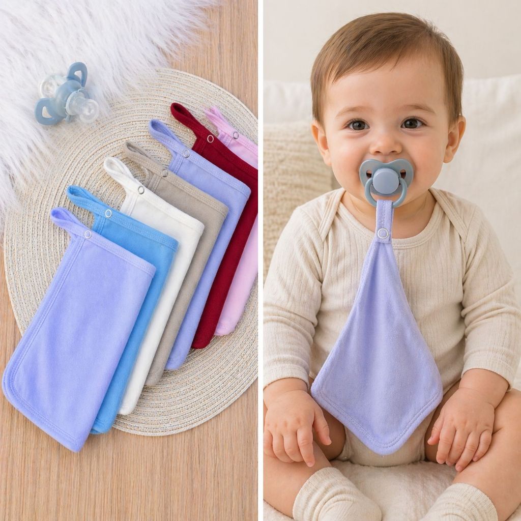 Kit 4 Pano de Boca Paninho com Prendedor de chupeta bico Menino Menina Babete Enxoval bebe Maternidada fralda Algodão — imagem 2 de 2