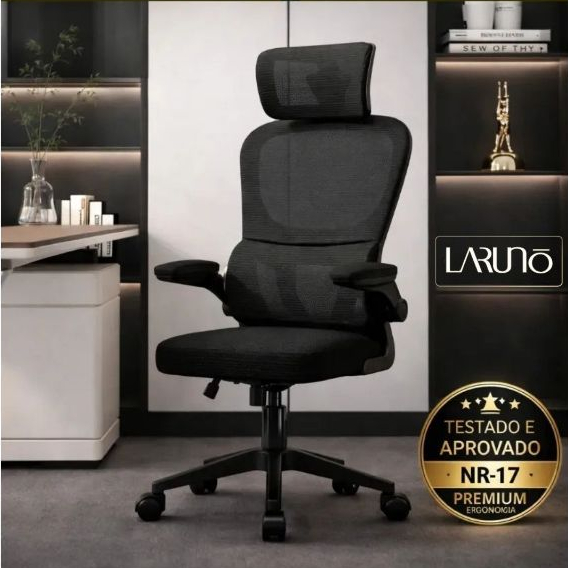Cadeira de Escritório Ergonômica preta Giratória com Apoio Lombar e Braços Ajustáveis - LARUNO