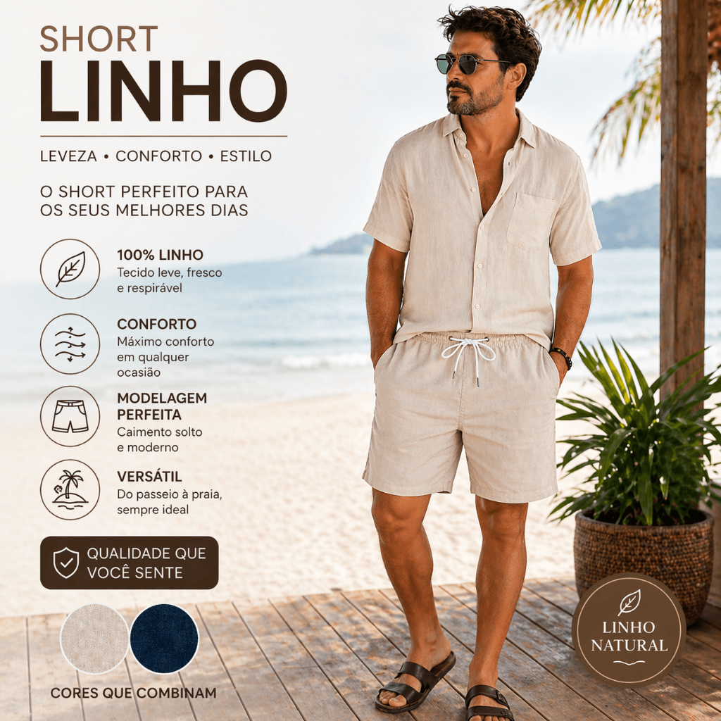 Short Masculino bermuda Linho Premium Verão Confortável Respirável Casual Praia Academia