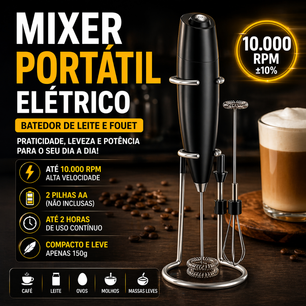 Mixer Portátil Elétrico com Suporte | Batedor de Leite e Fouet | Café, Ovos, Molhos - 10.000rpm