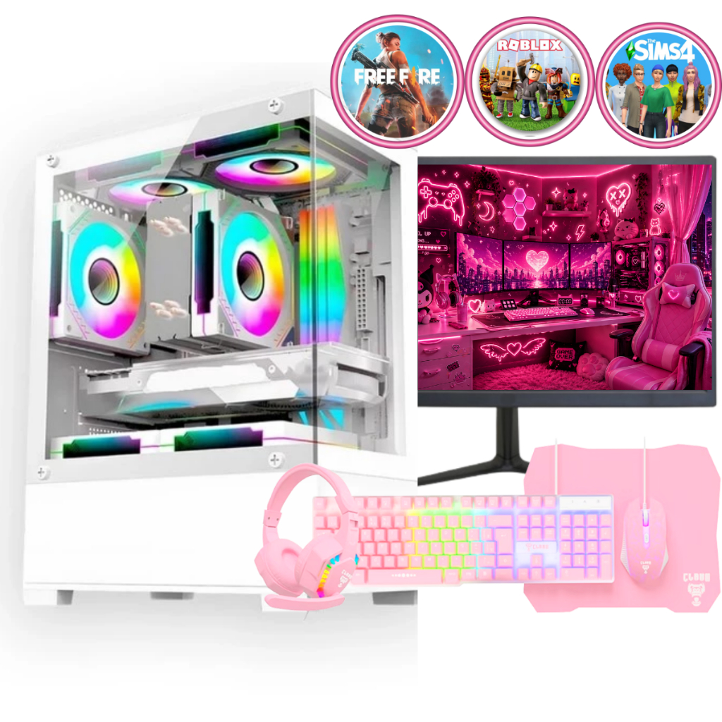 Computador Gamer Completo, Branco/Rosa, Teclado, Mouse, Fone de ouvido - Roblox/Free fire