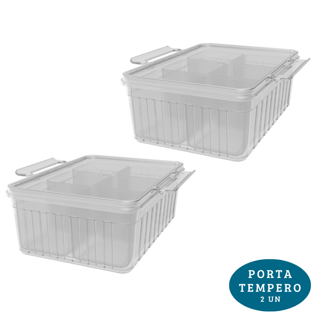 Kit 2 Potes Organizadores Geladeira Multiuso 6 Divisórias Alimentos e Temperos