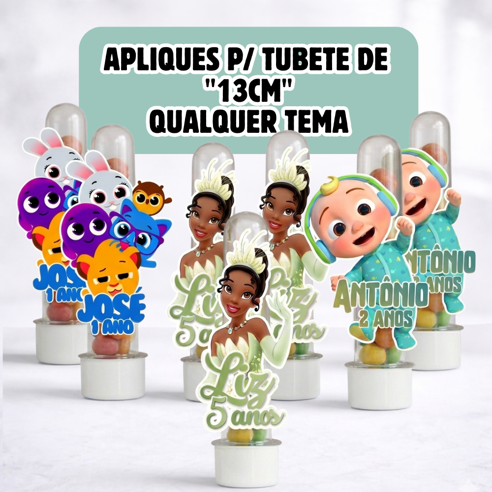 Apliques para Tubete 13cm Personalizados Qualquer Tema - Nome e Idade | Lembrancinha Festa Infantil