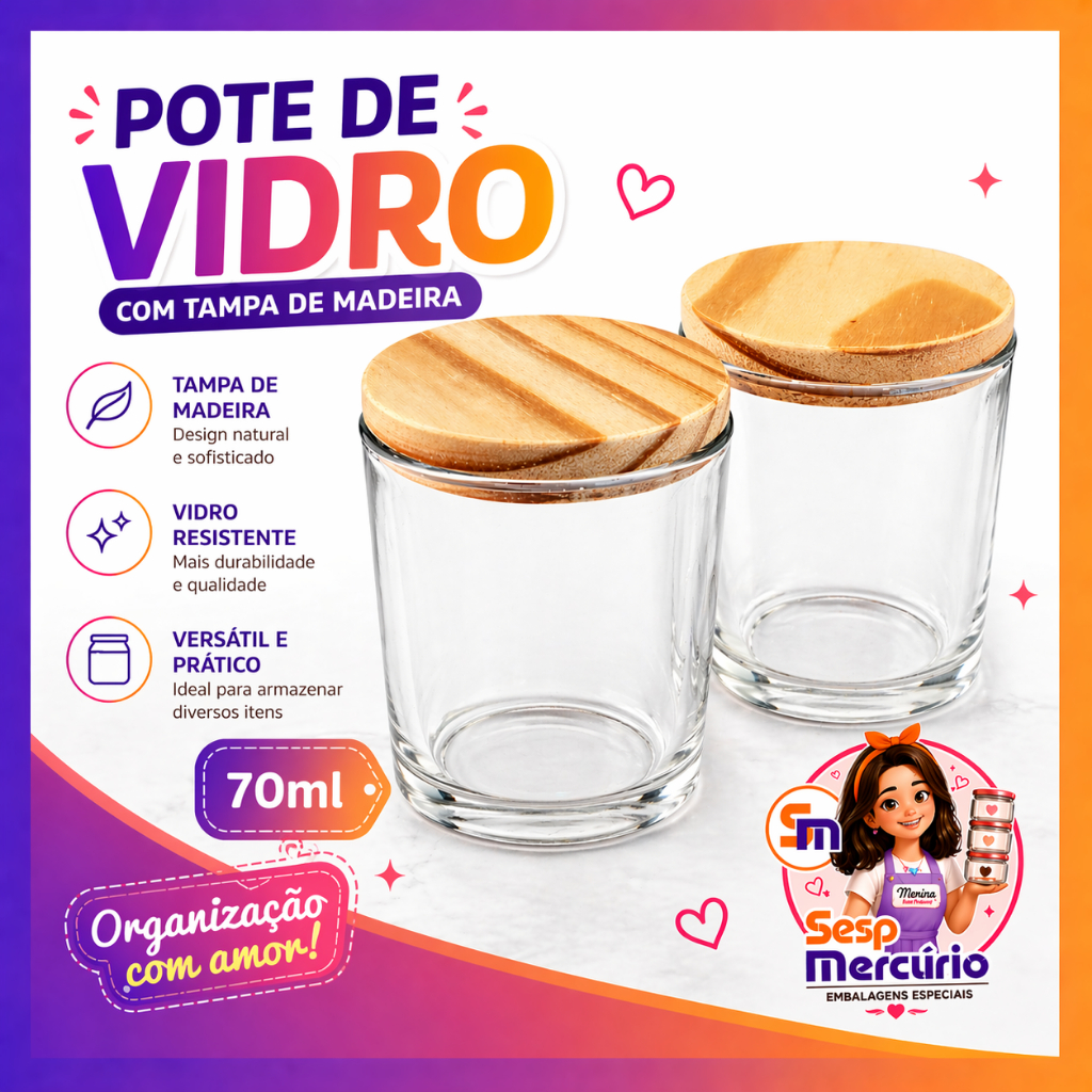 Kit Potes de Vidro 70ml com Tampa de Madeira Para Velas Artesanais Velas Aromaticas Lembrancinhas