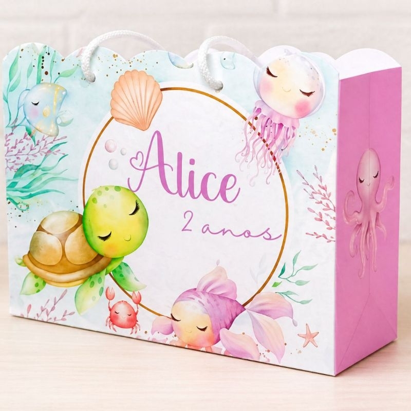 Sacolinha Fundo do Mar Aquarela Cute Personalizada | Lembrancinha Festa Infantil Menina | Tema Oceano